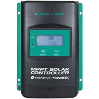 Front view of 30A MPPT solar charge controller with LCD screen, navigation buttons and green mounting flanges