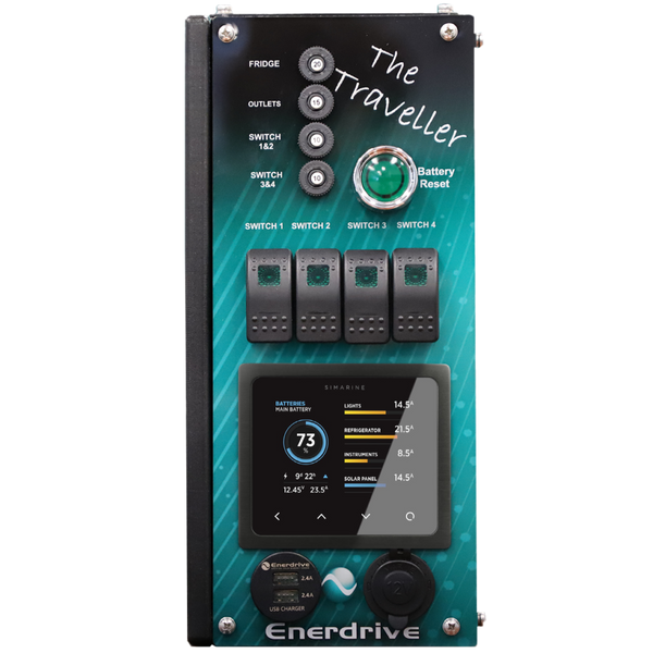 Front view of Traveller power system panel with Simarine PICO display and rocker switches