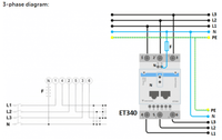 Three-phase wiring diagram for ET340 energy meter showing L1 L2 L3 and Neutral connections
