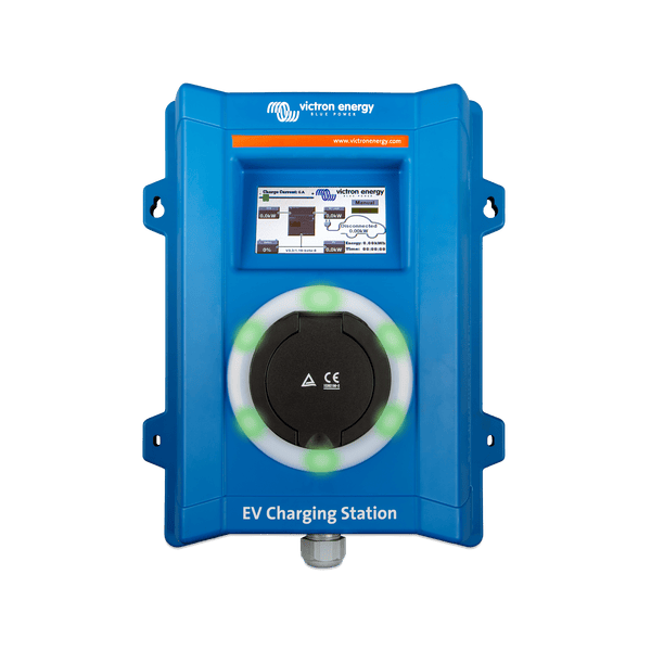Front view of EV charging station with green light ring indicating a ready or active charging state