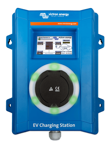 Front view of EV charging station with green light ring indicating a ready or active charging state