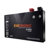 Angled view of Exotronic 100Ah slimline lithium battery showing terminals and front panel