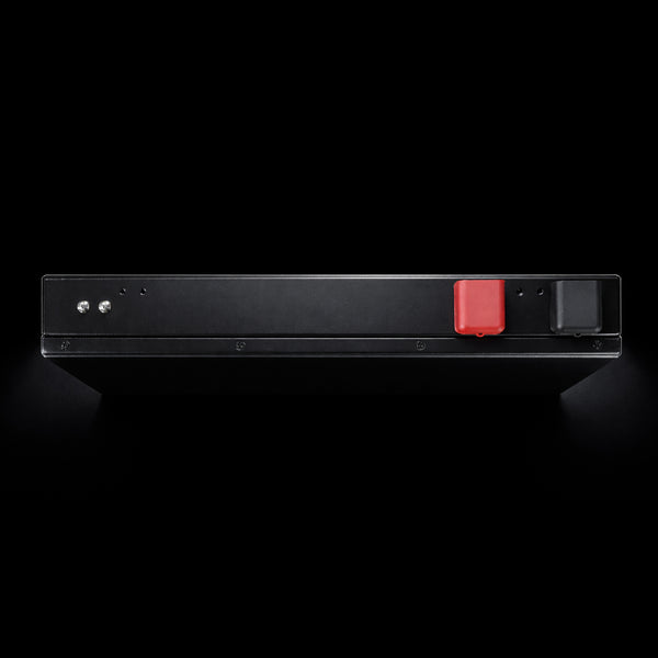 Top-down view of 100Ah slimline battery highlighting the thin 65mm profile