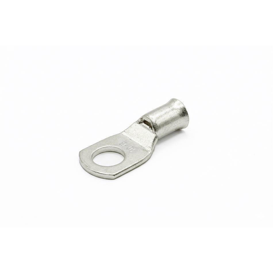 Tin-plated 10mm² copper lug with M8 hole and flared bellmouth entry