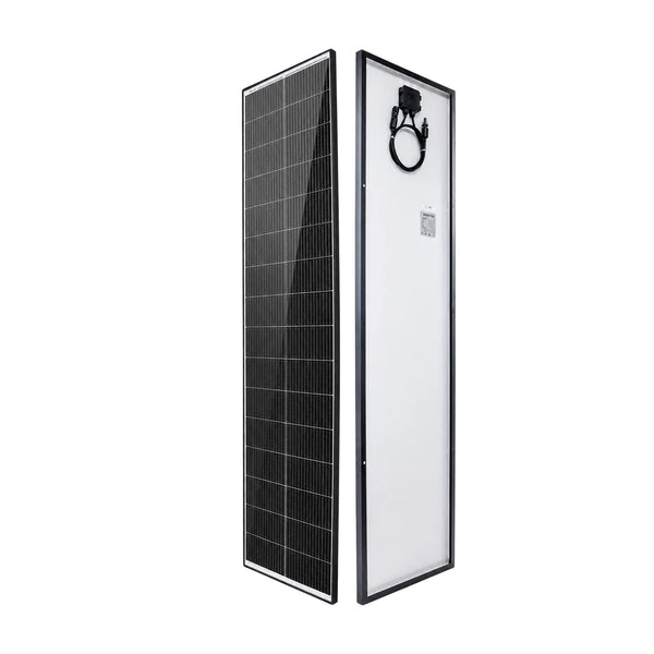 Perspective front and rear views of the narrow 115W solar panel