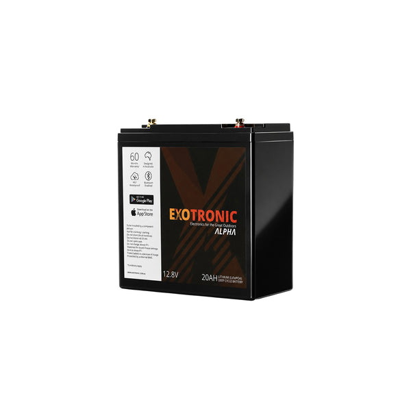 Perspective view of a black 12V 20Ah lithium battery with brass terminals and waterproof certification markings