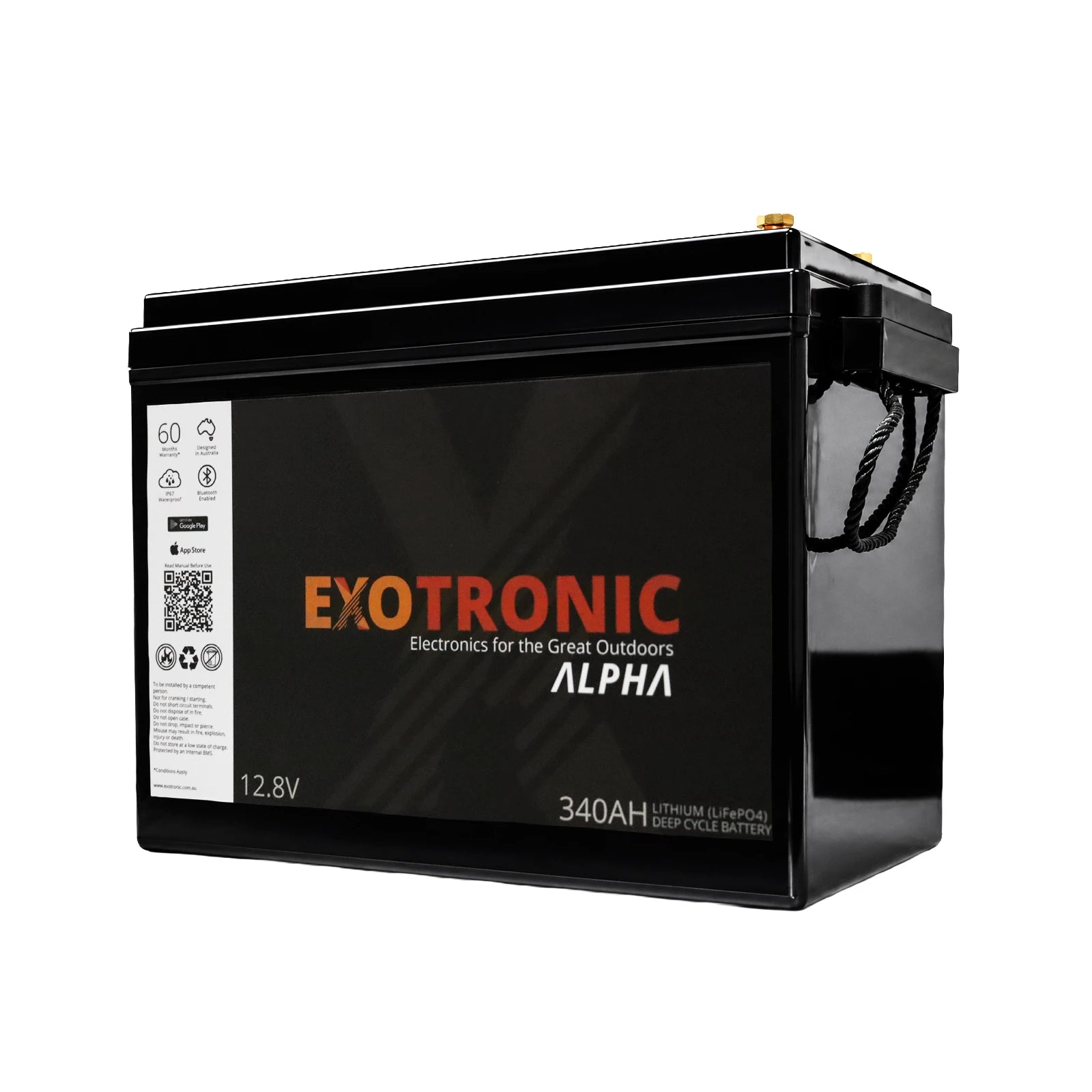 Exotronic 12V 340Ah Alpha IP67 lithium battery with heavy-duty rope handles