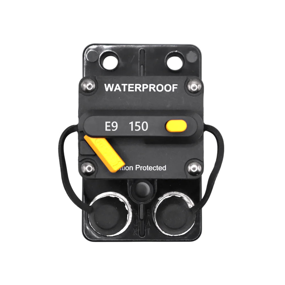 Top-down view of 150A waterproof circuit breaker showing reset lever and terminals