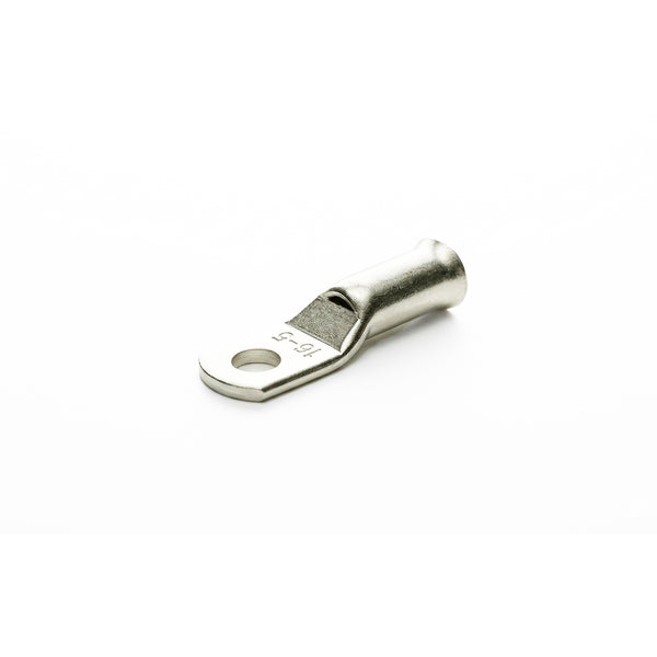Tin-plated 16mm² copper lug with M5 hole and flared bellmouth entry