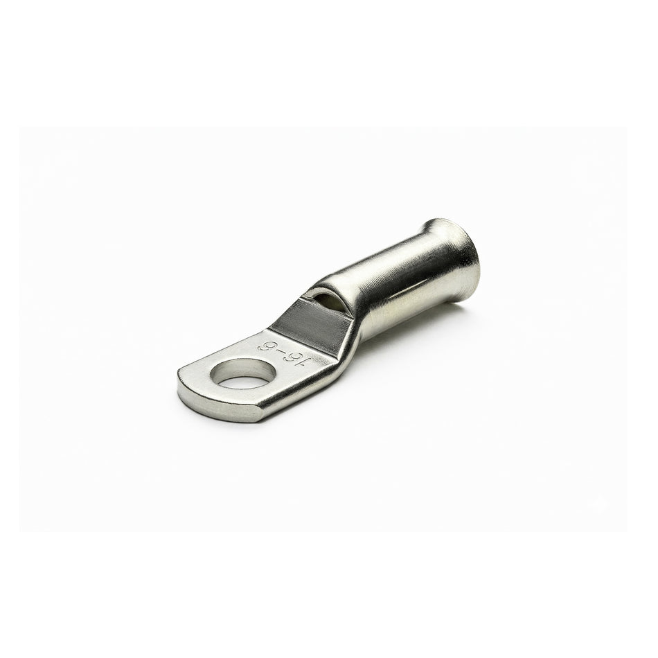Tin-plated 16mm² copper lug with M6 hole and flared bellmouth entry