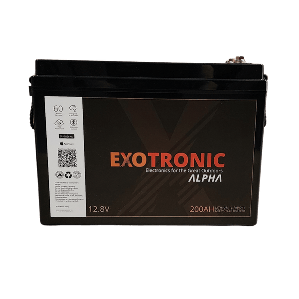 Front view of 200Ah deep cycle battery casing showing brand branding and capacity rating