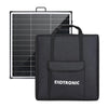 200W folding solar panel standing behind a black padded carry bag with front pocket