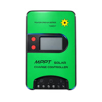 Front view of green Exotronic 20A MPPT solar charge controller with LCD display and terminal ports