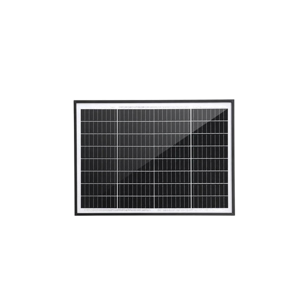Front view of a 20W solar panel with black anodised aluminium frame and tempered glass