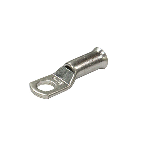 Tin-plated 25mm² copper lug with M8 hole and flared bellmouth entry