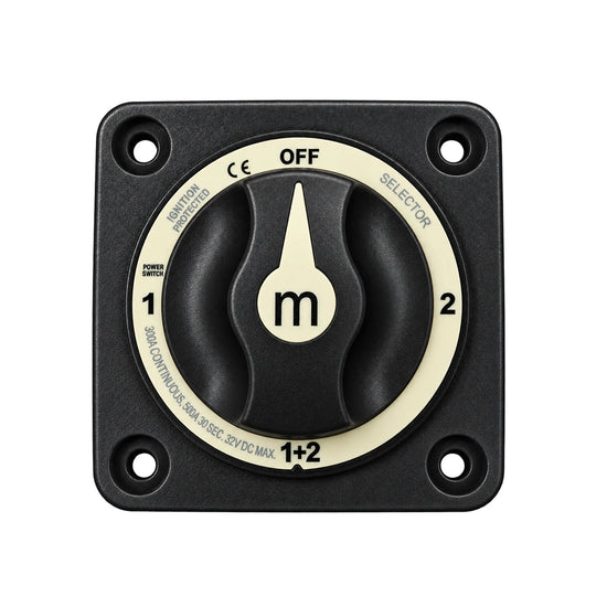 Front view of black 4-position battery selector switch showing off, one, two and combined positions