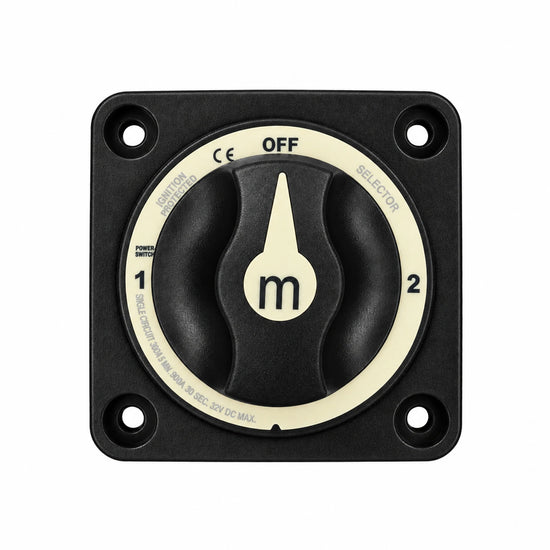 Front view of black Exotronic 300A battery selector switch with OFF, 1, and 2 positions