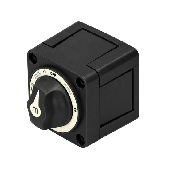 Angled perspective of the black marine battery switch showing surface mount enclosure