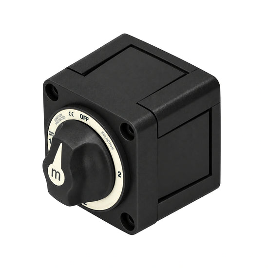 Perspective view of a black battery selector switch with removable side panels for cable access