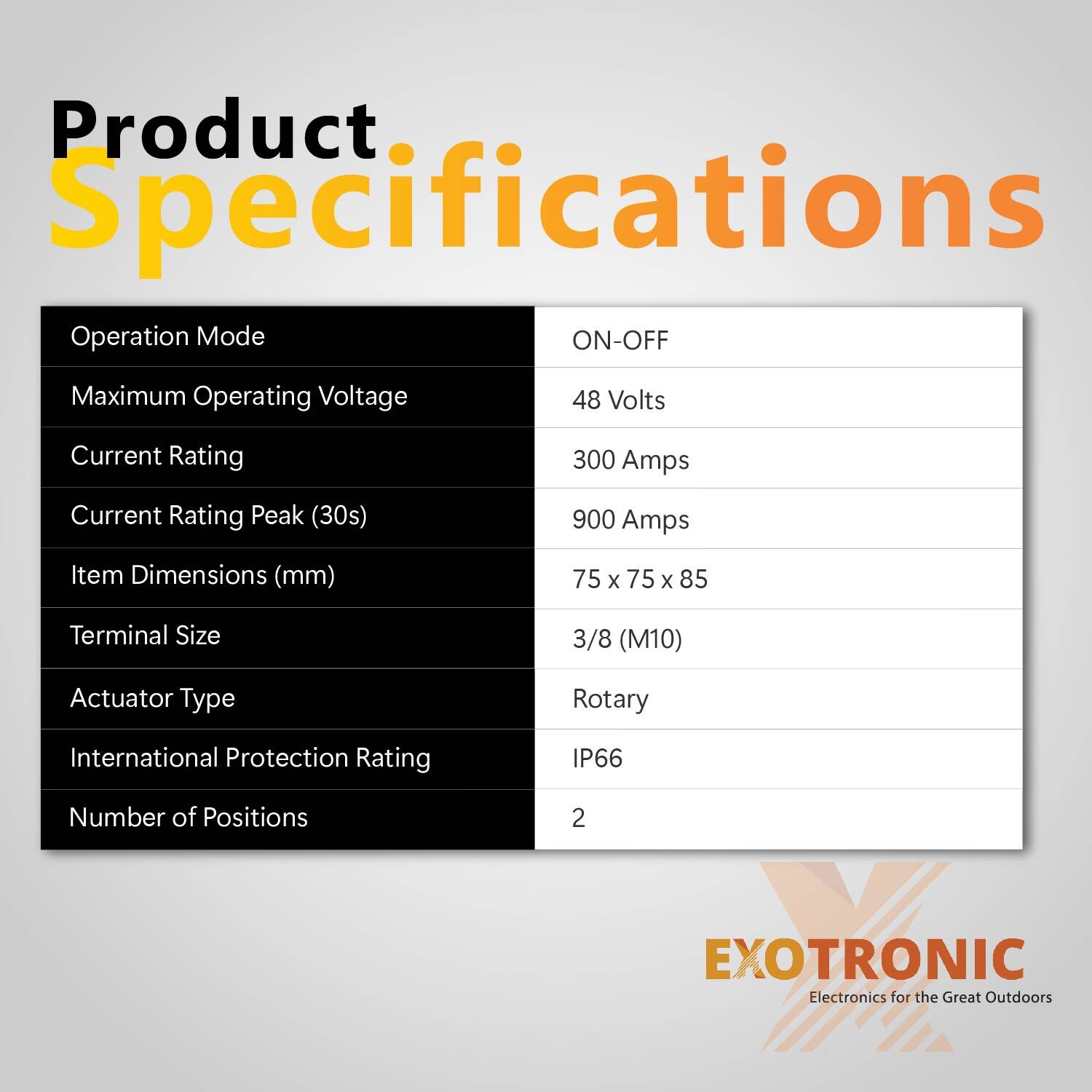 Technical specifications table for Exotronic 300A battery switch including dimensions and ratings