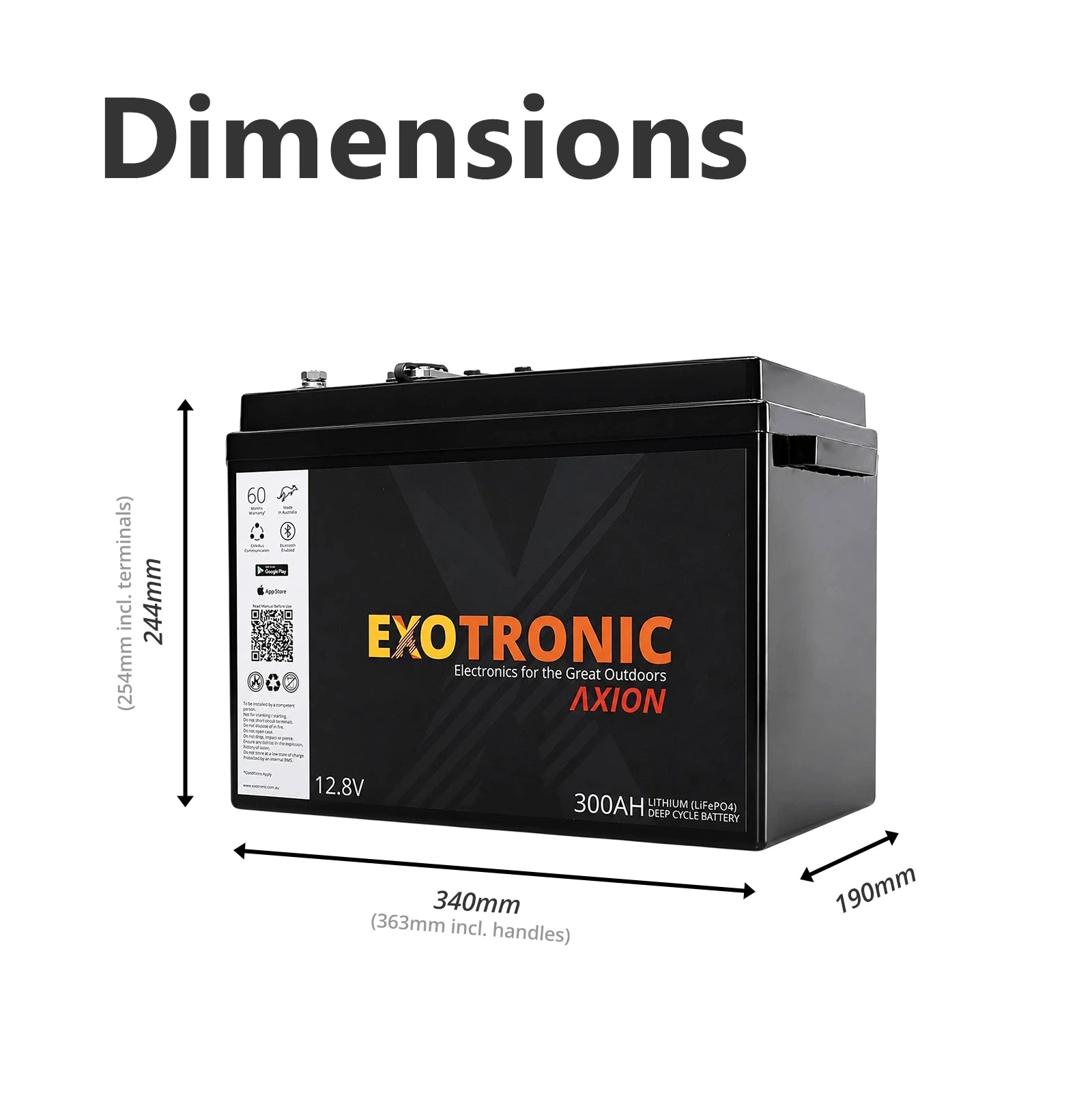 Dimensional drawing of Exotronic 12V 300Ah lithium battery showing length, width and height with terminal clearance