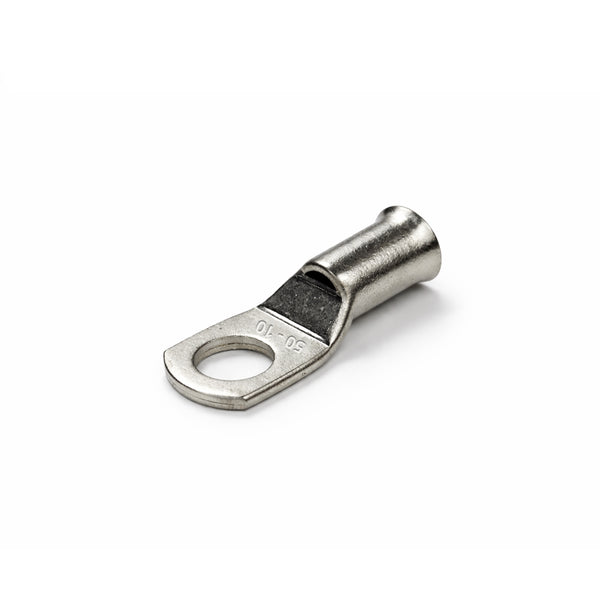 Tin-plated 50mm² copper lug with M10 hole and flared bellmouth entry