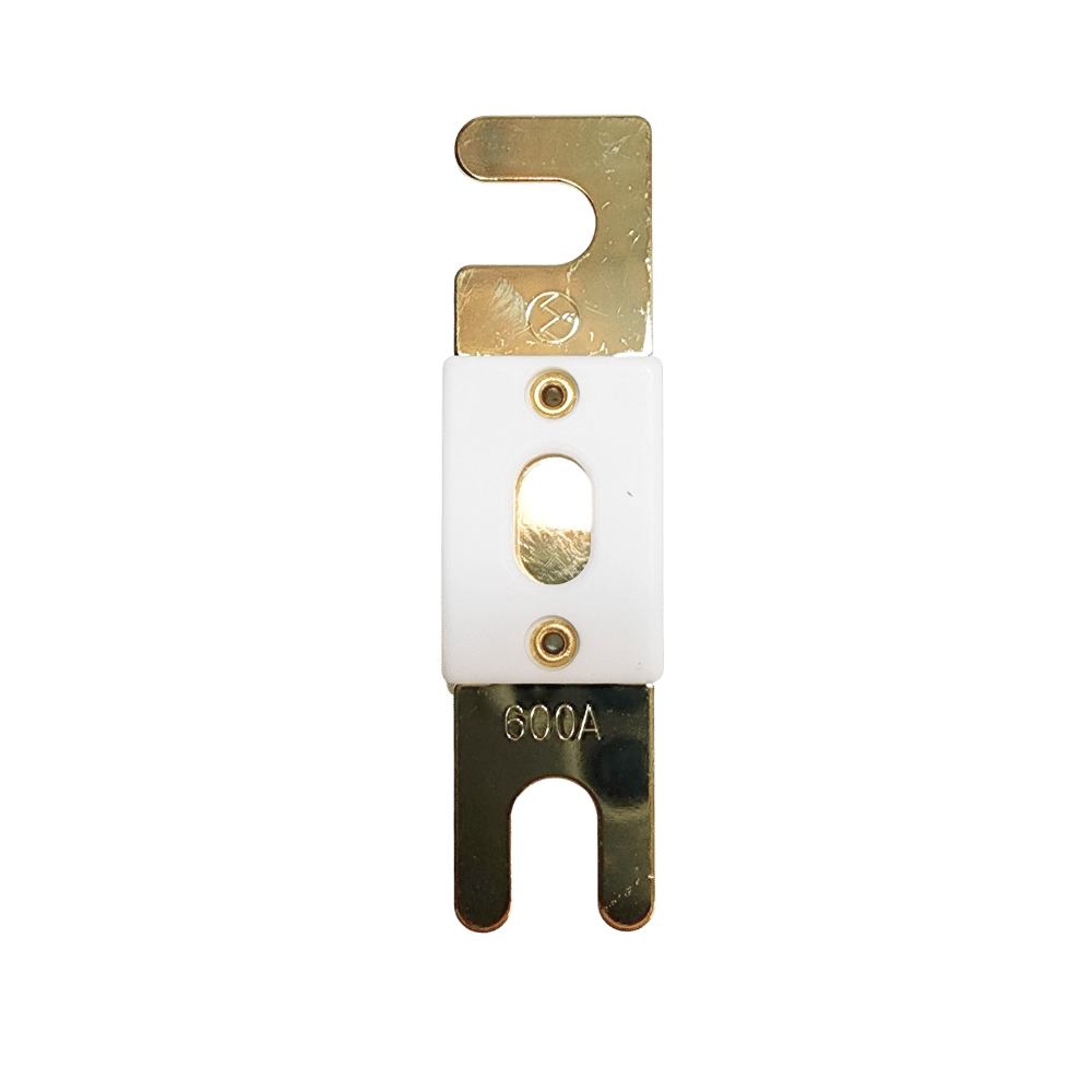 Front view of Exotronic 600A ANL fuse with gold-plated terminals and ceramic body