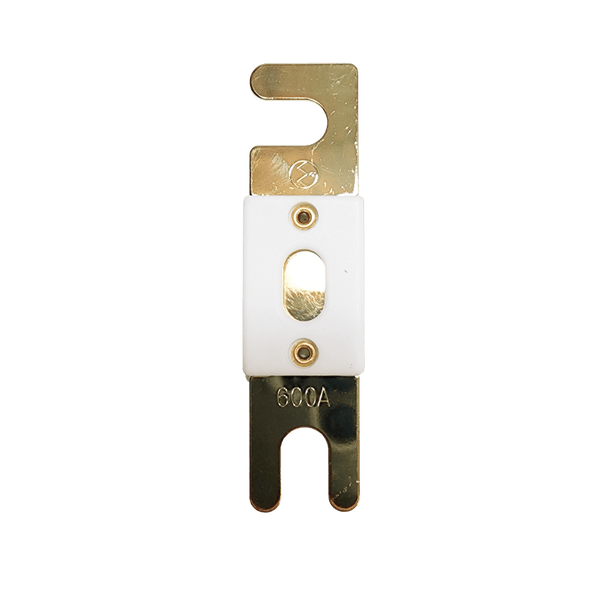 Front view of Exotronic 600A ANL fuse with gold-plated terminals and ceramic body
