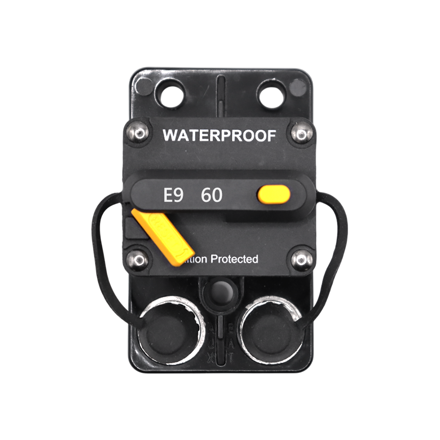 Top-down view of 60A waterproof circuit breaker featuring manual reset lever and terminal covers