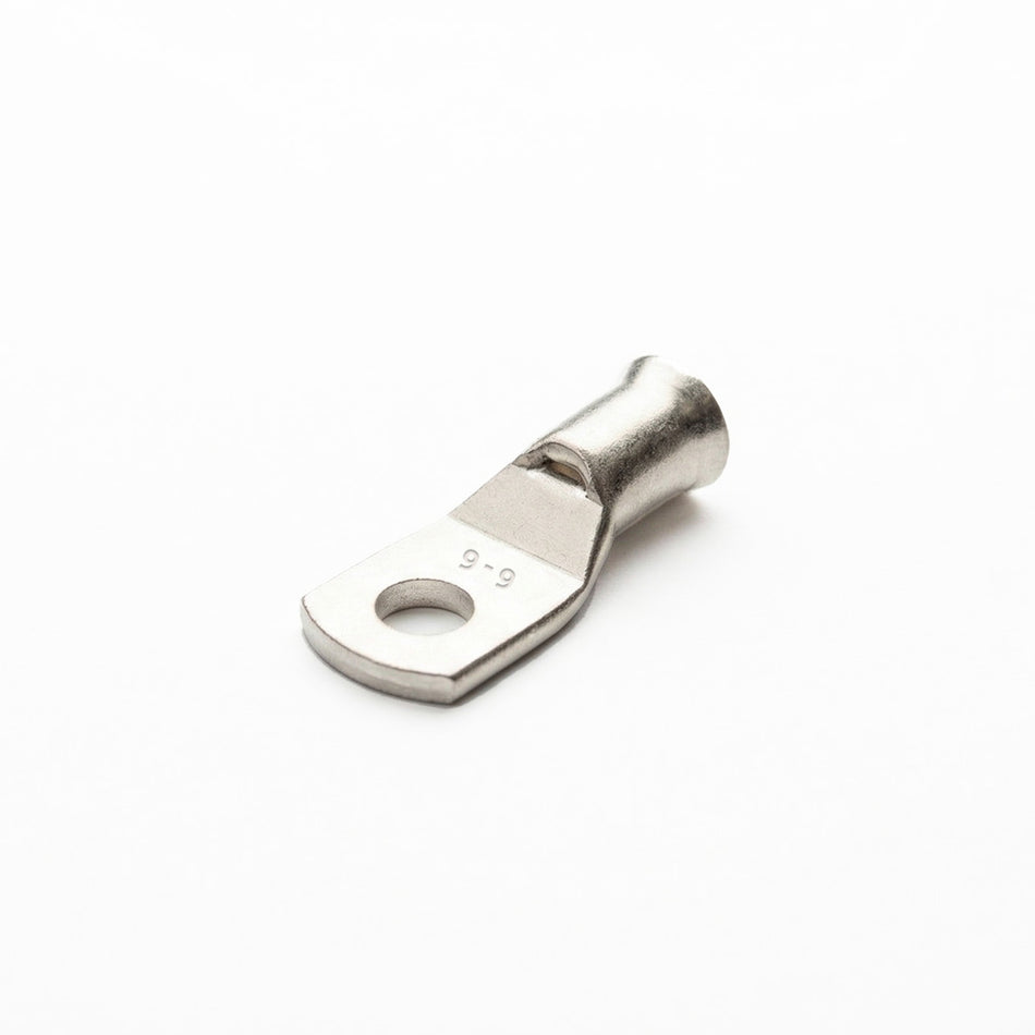 Tin-plated 6mm² copper lug with M6 hole and flared bellmouth entry