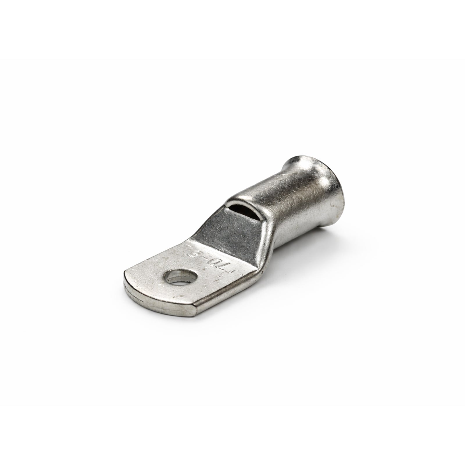 Tin-plated 70mm² copper lug with M6 hole and flared bellmouth entry