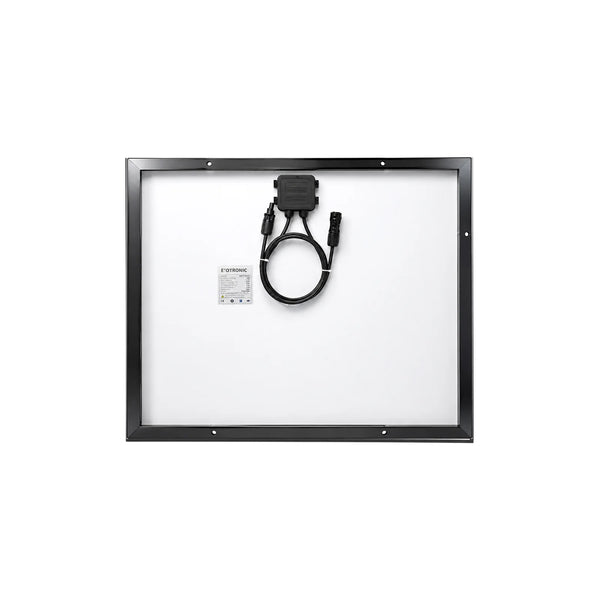 Rear view of 75W solar panel showing IP68 junction box and pre-wired MC4 compatible connectors