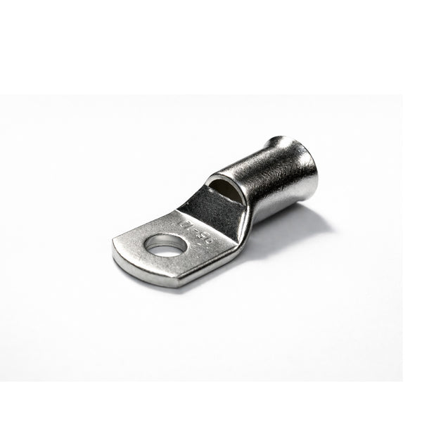 Tin-plated 95mm² copper lug with M10 hole and flared bellmouth entry