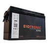 Angled view of 12V 200Ah lithium battery showing front label with specifications and side rope handle