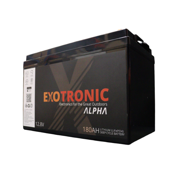 Exotronic Alpha 12V 180Ah lithium deep cycle battery angled view