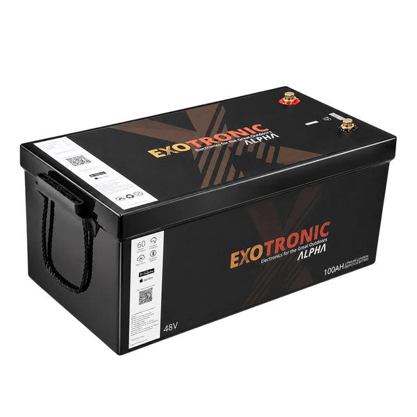 Elevated perspective view of the 48V 100Ah lithium battery in a compact black enclosure
