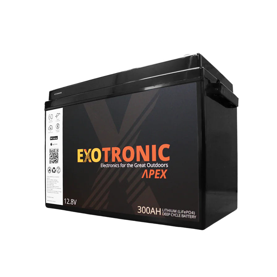 Angled view of Exotronic 12V 300Ah lithium battery isolated on transparent background