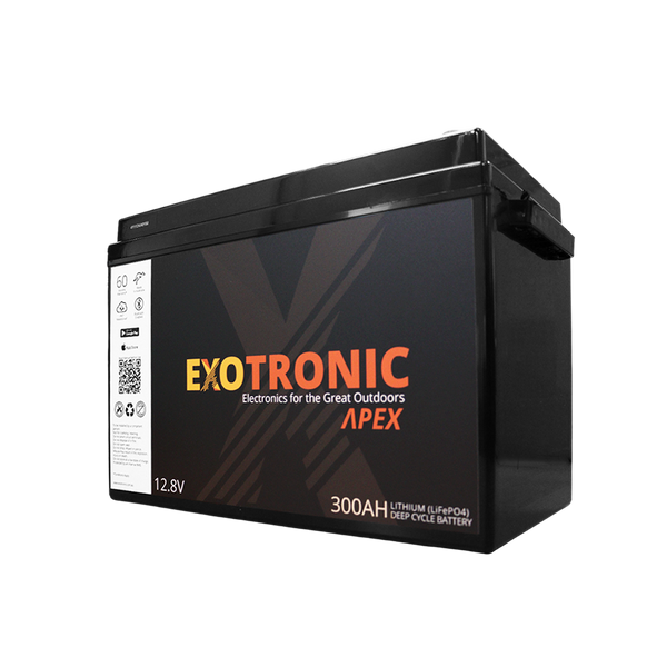 Angled view of Exotronic 12V 300Ah lithium battery isolated on transparent background
