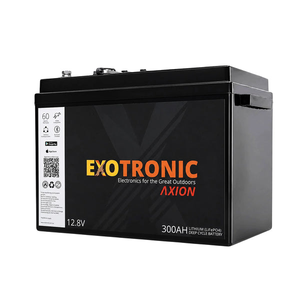Angled front view of the Exotronic Axion 12.8V 300Ah Lithium LiFePO4 battery