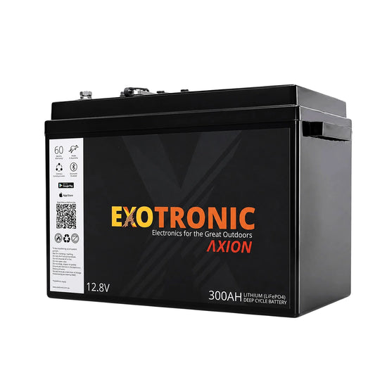 Angled front view of the Exotronic Axion 12.8V 300Ah Lithium LiFePO4 battery
