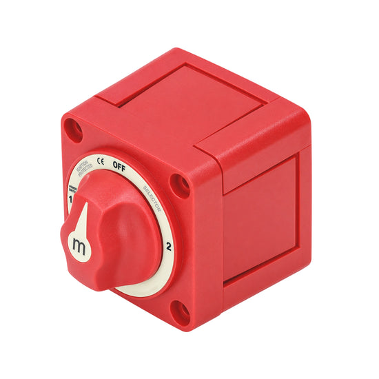 Isometric view of red battery switch with removable side panels for cable access