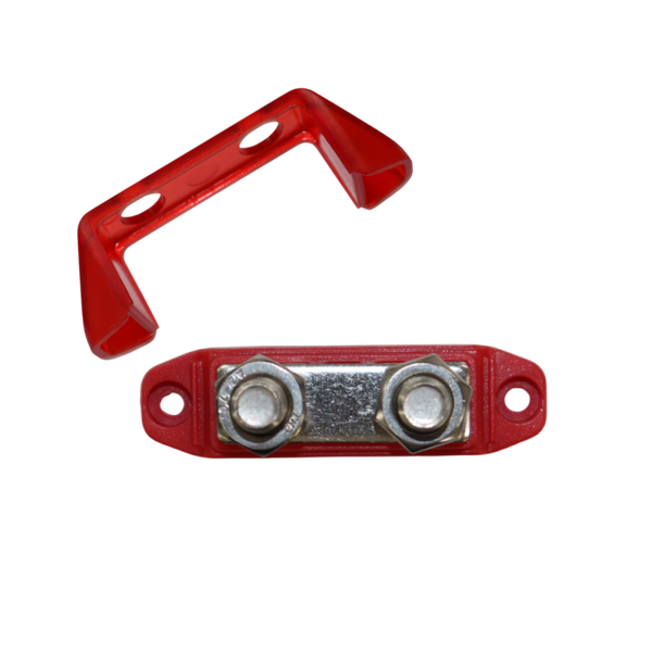 Exploded view showing red cover removed from busbar base and M10 studs