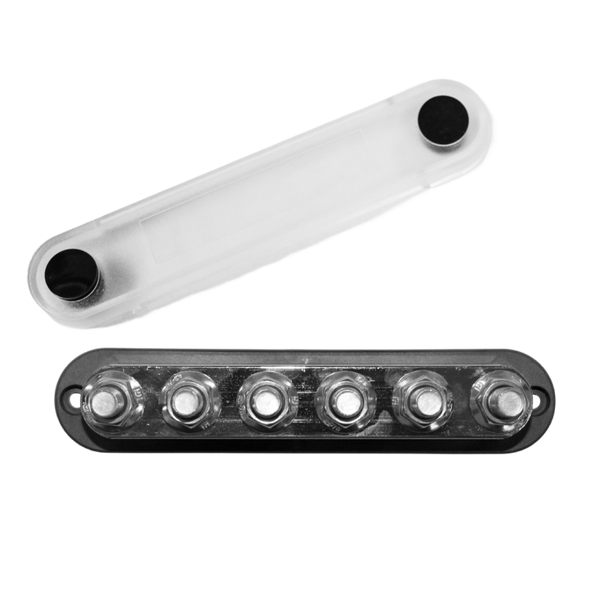 Overhead view of 6-stud busbar with clear cover removed showing nickel-plated terminals