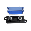 Exploded view of fuse holder showing detached blue cover and black base with dual threaded studs