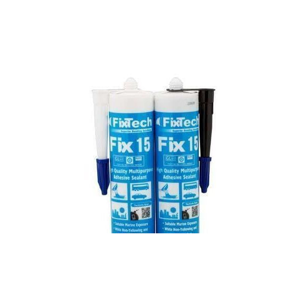 Two Fixtech Fix15 adhesive sealant cartridges standing upright side by side