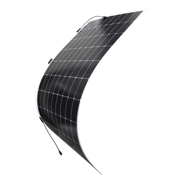 Perspective view of a Sunman eArc solar panel curved to demonstrate high flexibility