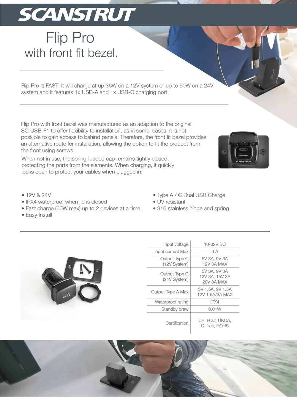 Specification sheet for Flip Pro USB-A & USB-C socket with bezel and technical details