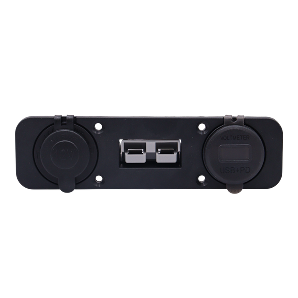 Front view of black flush mount power panel with closed dust covers and central Anderson connector