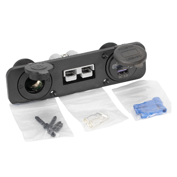 Flush mount panel kit with Anderson plug, 12V cigarette socket, USB ports and mounting hardware