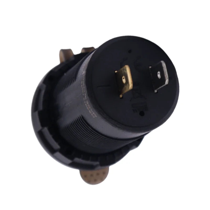 Rear view of socket housing showing two metallic spade terminal connections